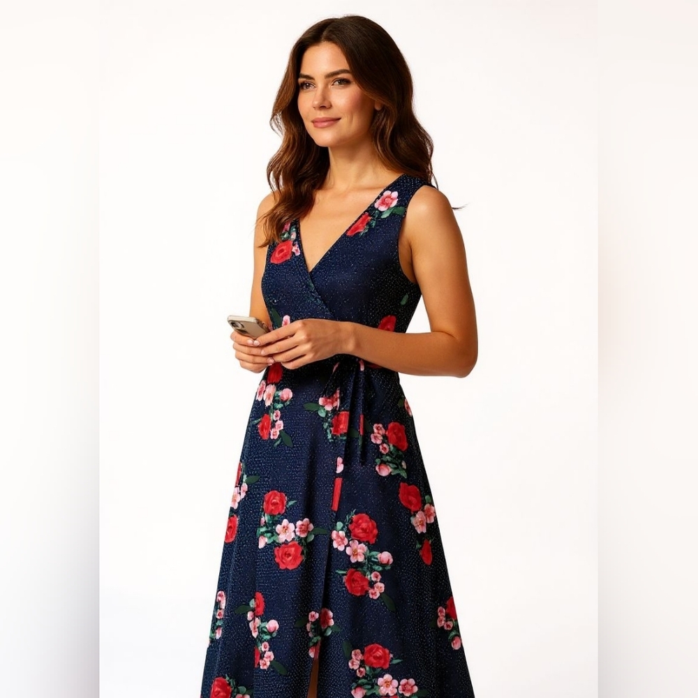 Nina Leonard Navy Floral Polka Dot Maxi Dress SZ Med Faux Wrap Tropical Vacation